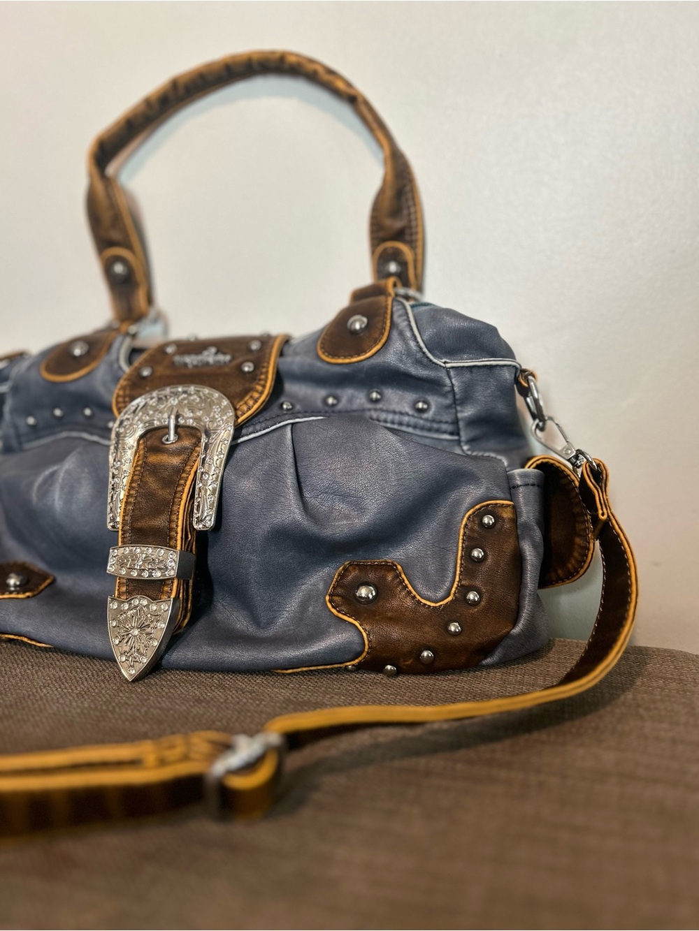 Angel Kiss Two-Tone Buckle Satchel - Navy and Brown - Picture 3 of 10